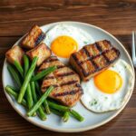 Assiette typique d'un régime sans glucides avec viandes, œufs et légumes verts