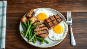 Assiette typique d'un régime sans glucides avec viandes, œufs et légumes verts