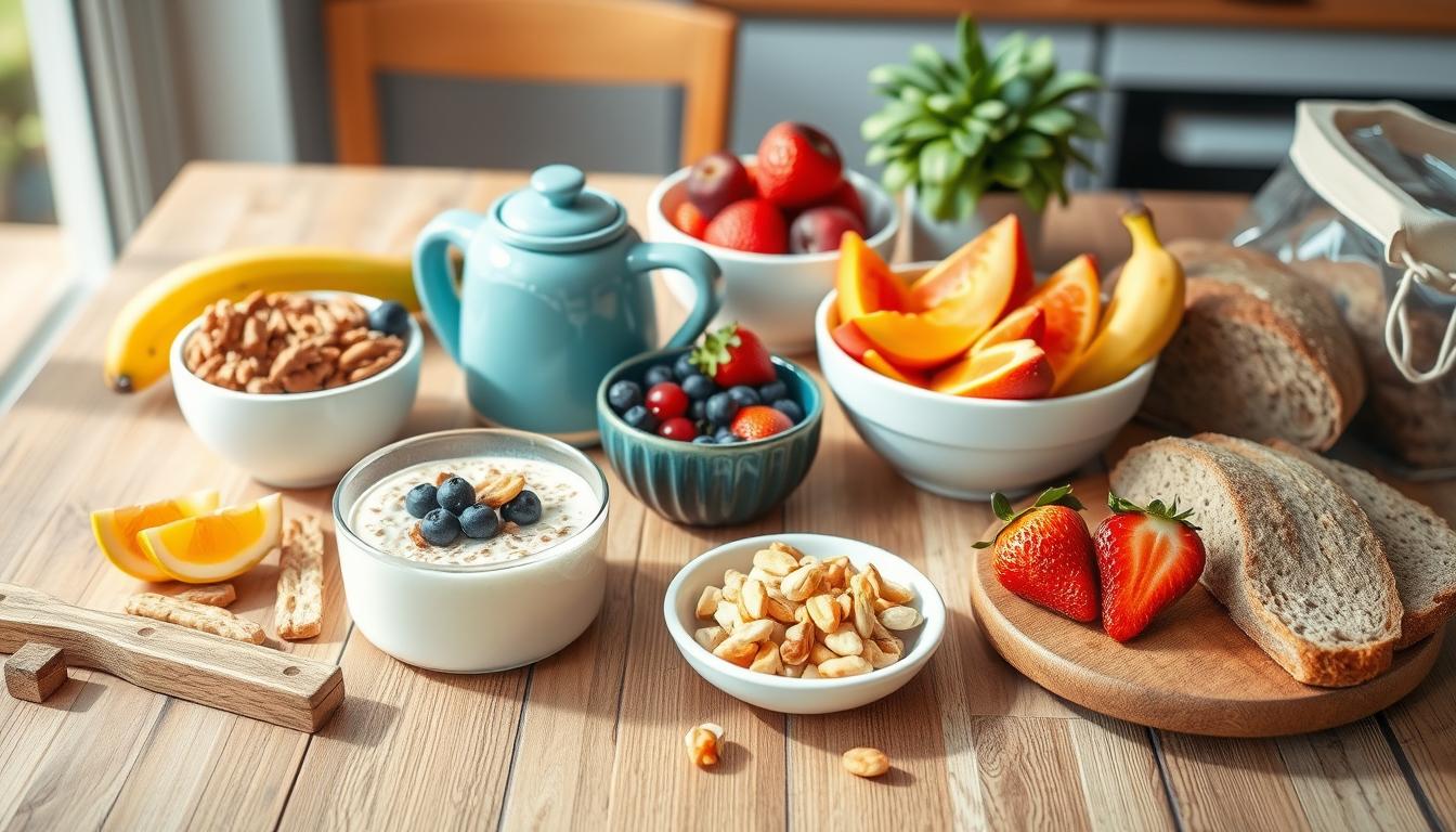 Assortiment d'aliments sains pour le petit déjeuner incluant fruits, céréales et produits laitiers