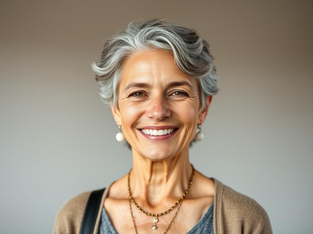 santé&forme Femme-aux-cheveux-gris-naturels-souriant-avec-confiance-incarnant-lacceptation-positive-du La peur de vieillir chez les femmes : un phénomène social à déconstruire
