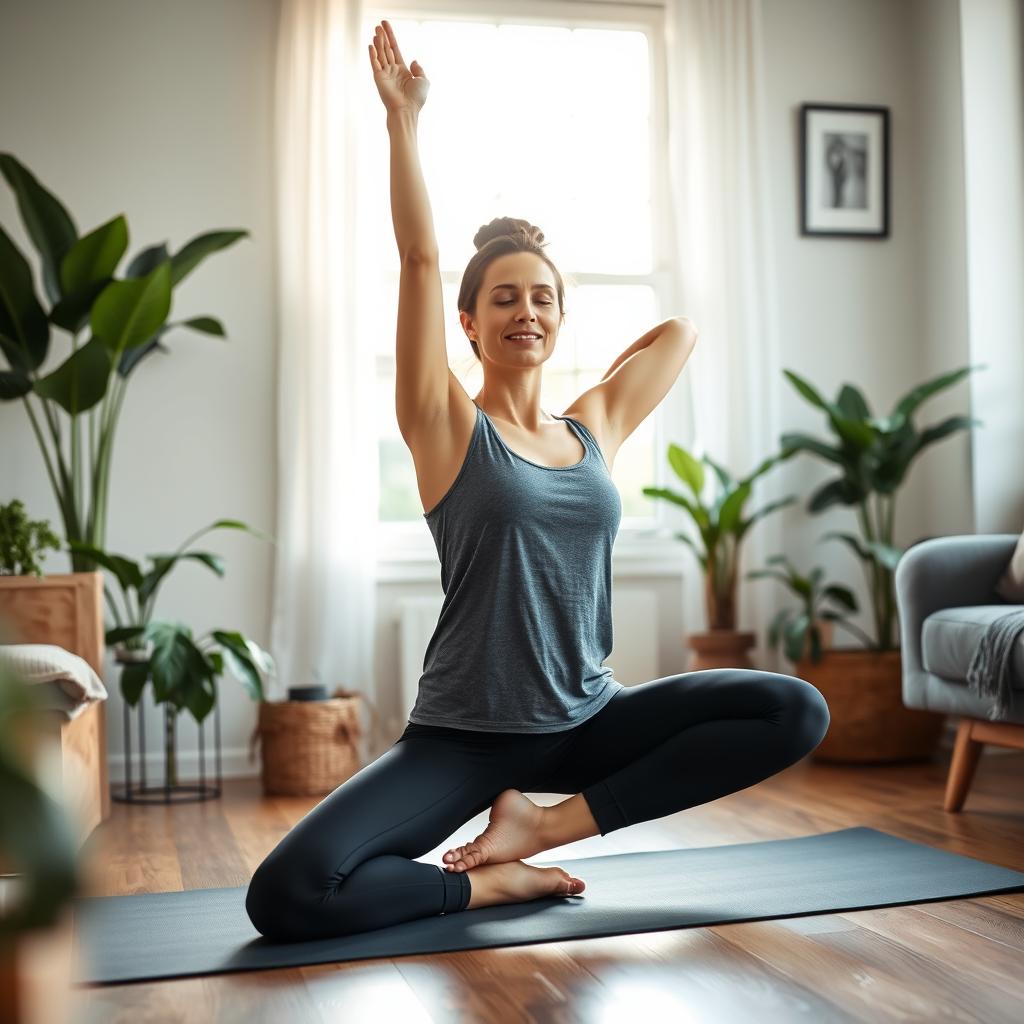 santé&forme Femme-celibataire-pratiquant-le-yoga-dans-son-salon-illustrant-le-temps-consacre-au Femmes célibataires plus heureuses que hommes : Ce que révèlent les études