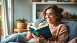 Femme célibataire souriante profitant d'un moment de détente chez elle, illustrant le bonheur des femmes célibataires plus heureuses que hommes