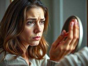 Femme dans la trentaine regardant son reflet avec inquiétude, illustrant la peur de vieillir chez les femmes