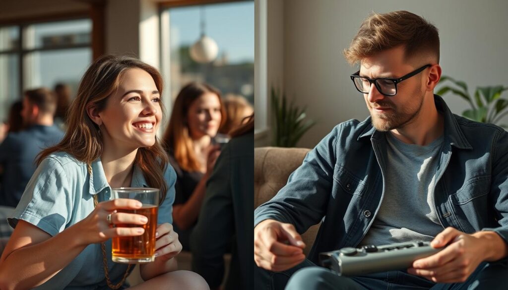 santé&forme Femme-et-homme-celibataires-profitant-chacun-de-leur-independance-a-leur-facon-illustrant-les--1024x585 Femmes célibataires plus heureuses que hommes : Ce que révèlent les études