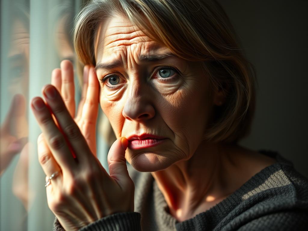 santé&forme Femme-regardant-son-reflet-avec-anxiete-symbolisant-les-consequences-psychologiques-de-la-peur La peur de vieillir chez les femmes : un phénomène social à déconstruire