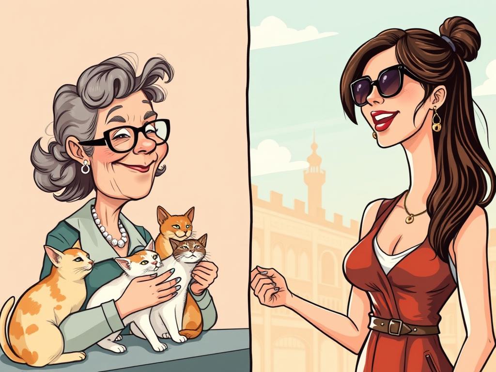 Illustration-contrastant-les-stereotypes-de-la-vieille-fille-et-du-celibataire-endurci Femmes célibataires plus heureuses que hommes : Ce que révèlent les études