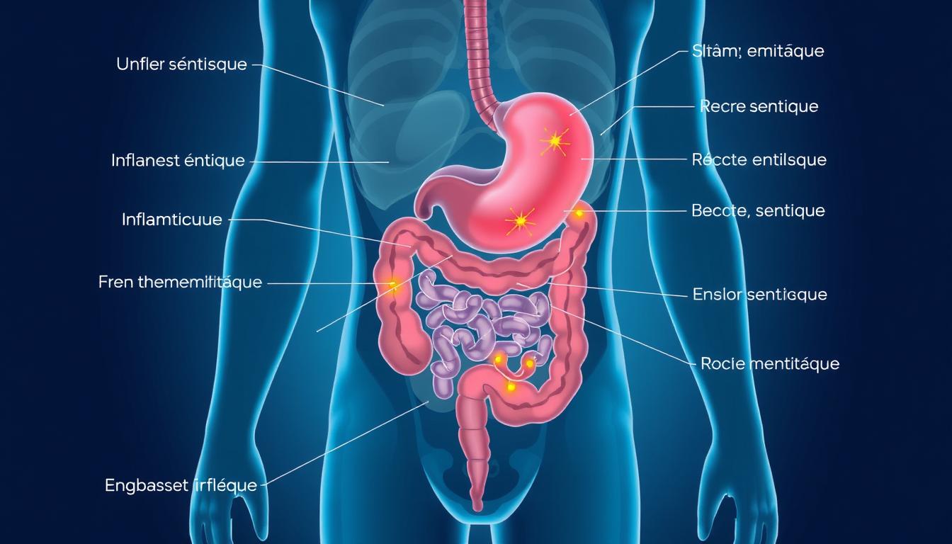Illustration du système digestif affecté par la gastro-entérite, montrant l'inflammation intestinale