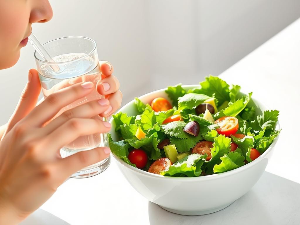 santé&forme Personne-buvant-de-leau-a-cote-dune-salade-fraiche-illustrant-lhydratation Conséquences de manger de la salade tous les jours : bienfaits et risques potentiels