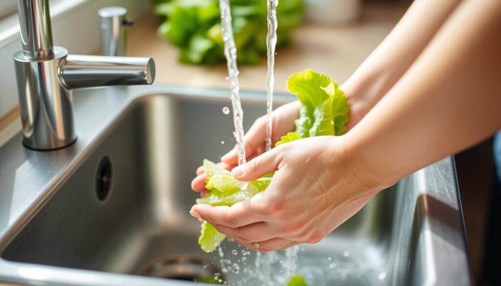 santé&forme Personne-lavant-soigneusement-des-feuilles-de-salade-sous-leau-courante-1024x585 Conséquences de manger de la salade tous les jours : bienfaits et risques potentiels